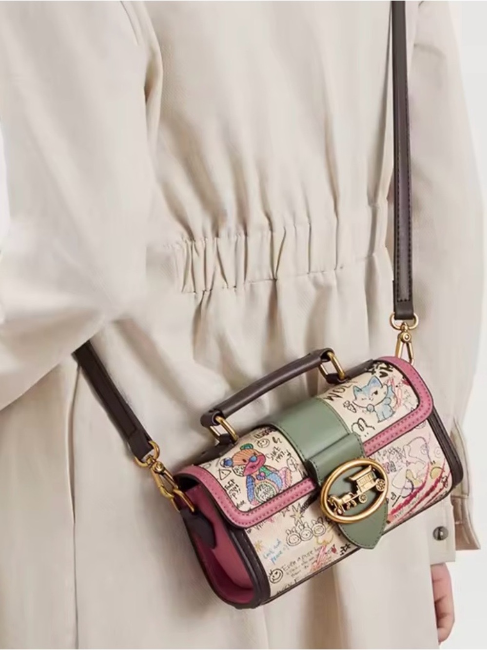 Designer inspired Multicolor Printed Leather Crossbody with Pink & Green Accents